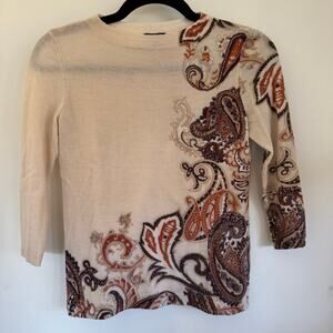 Talbots Womens Pure Merino Wool Cream Brown Paisley Crew Neck Sweater Size SP